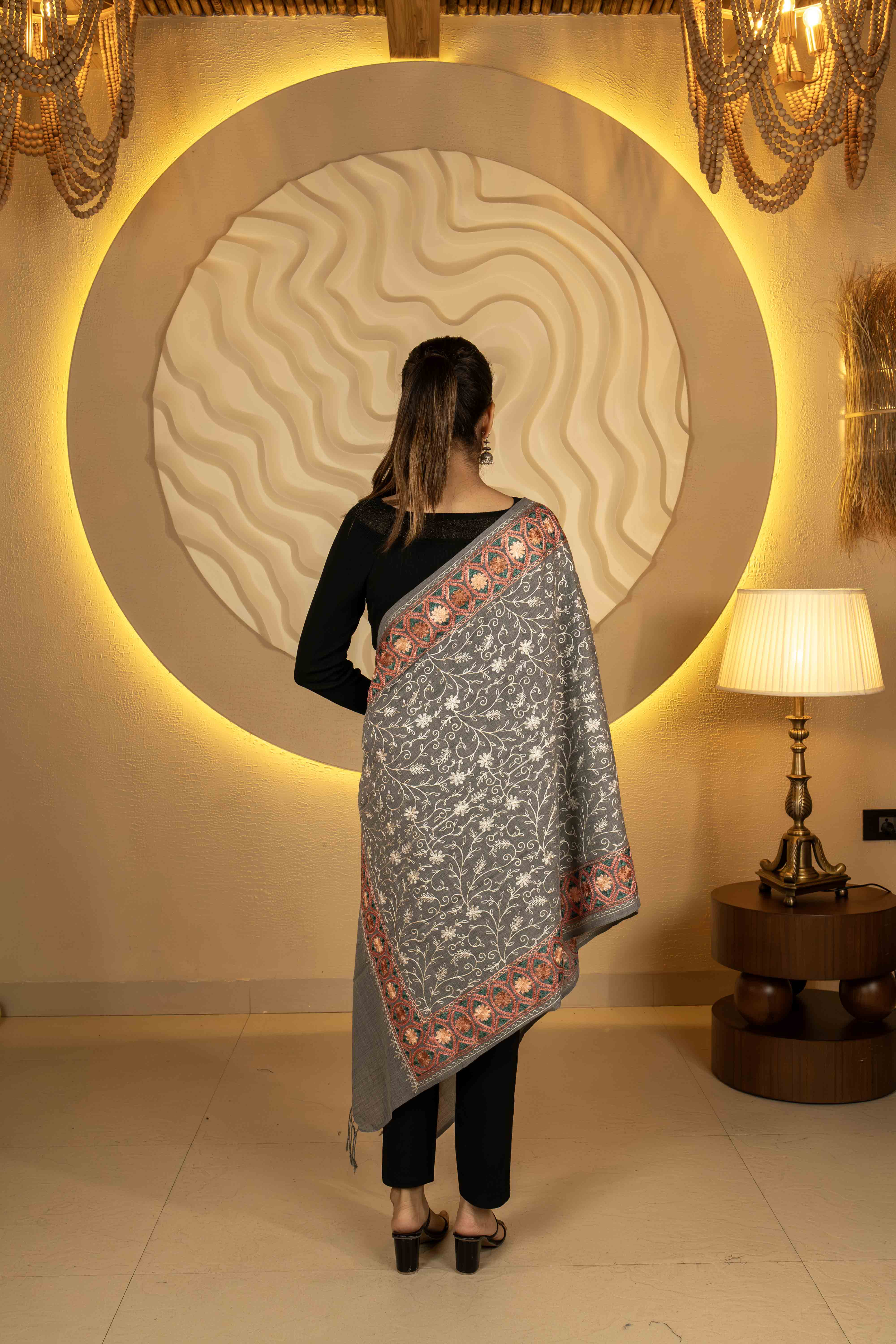 Aari Embroidered Light Grey Poly Wool Stole For Women